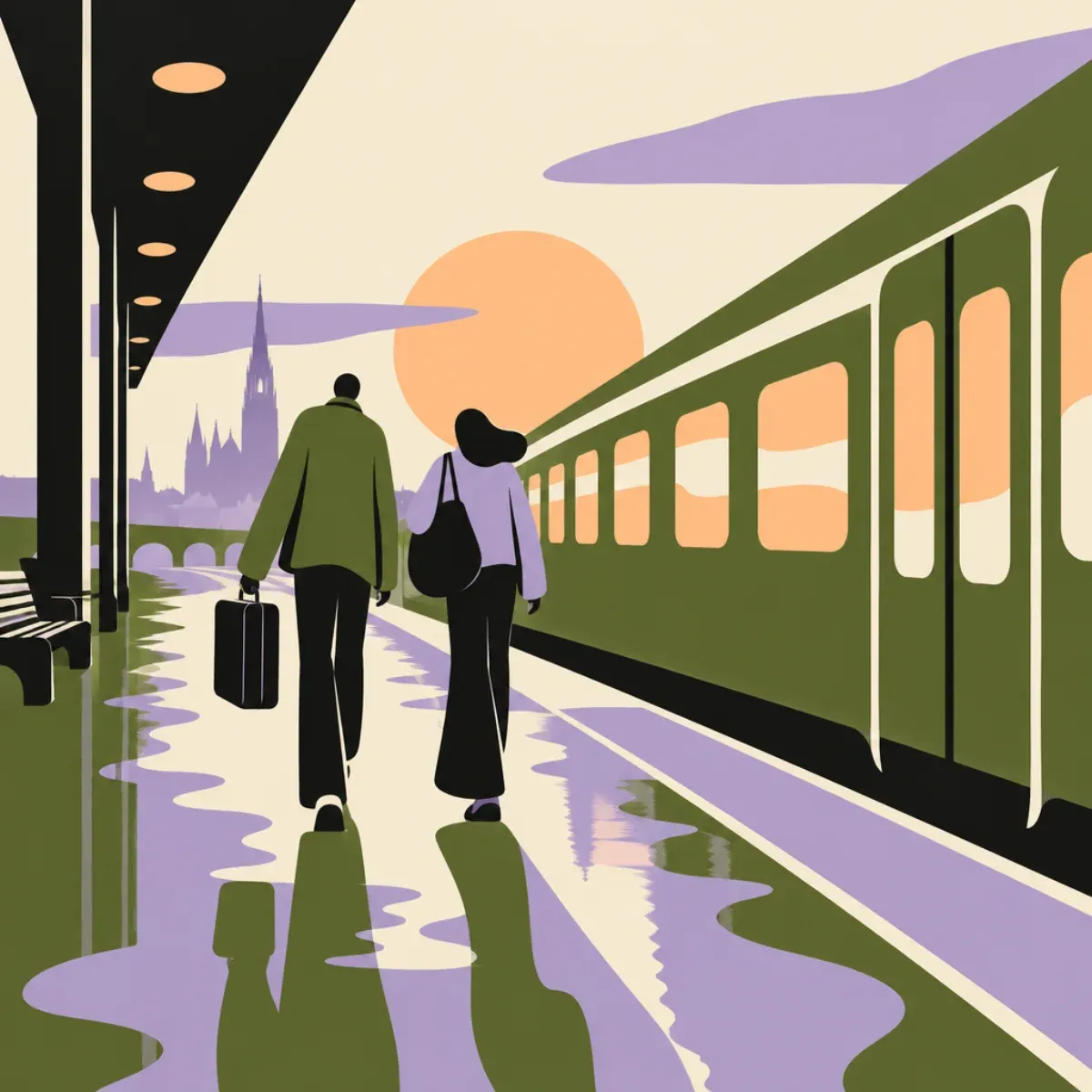 夕方のウィーンの鉄道駅。柔らかな光が差すホームに列車が停まり、小型ケースとバッグを携えた二人が背を向けて立っている。