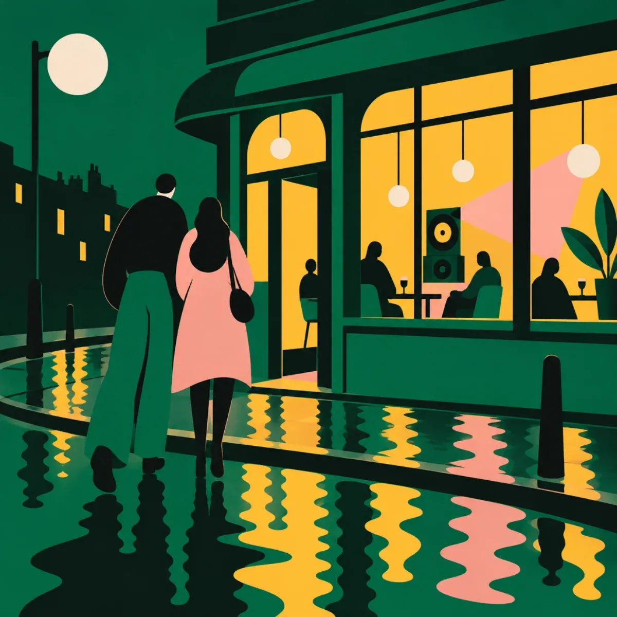 雨上がりの東ロンドンを想定した夜の街角。温かな光が漏れる飲食店の入口へ、後ろ姿の二人が歩いているイメージ。