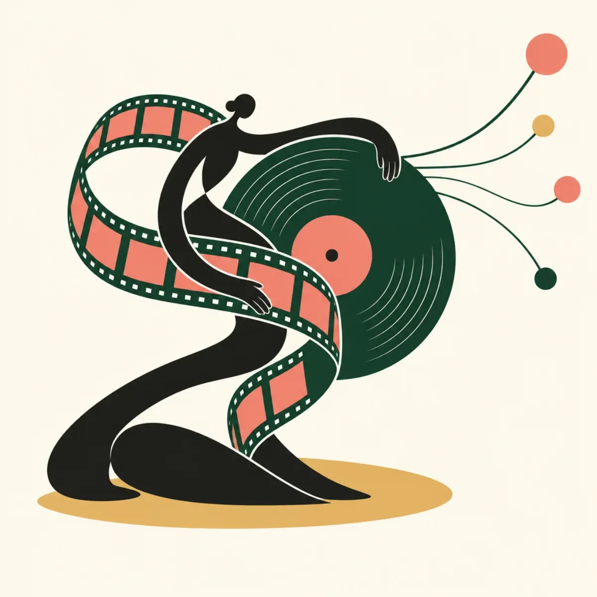 クリーム色の背景に、映画のフィルムとレコードを重ね、外側へ伸びる青い線で作品の流通を表した抽象イラスト。