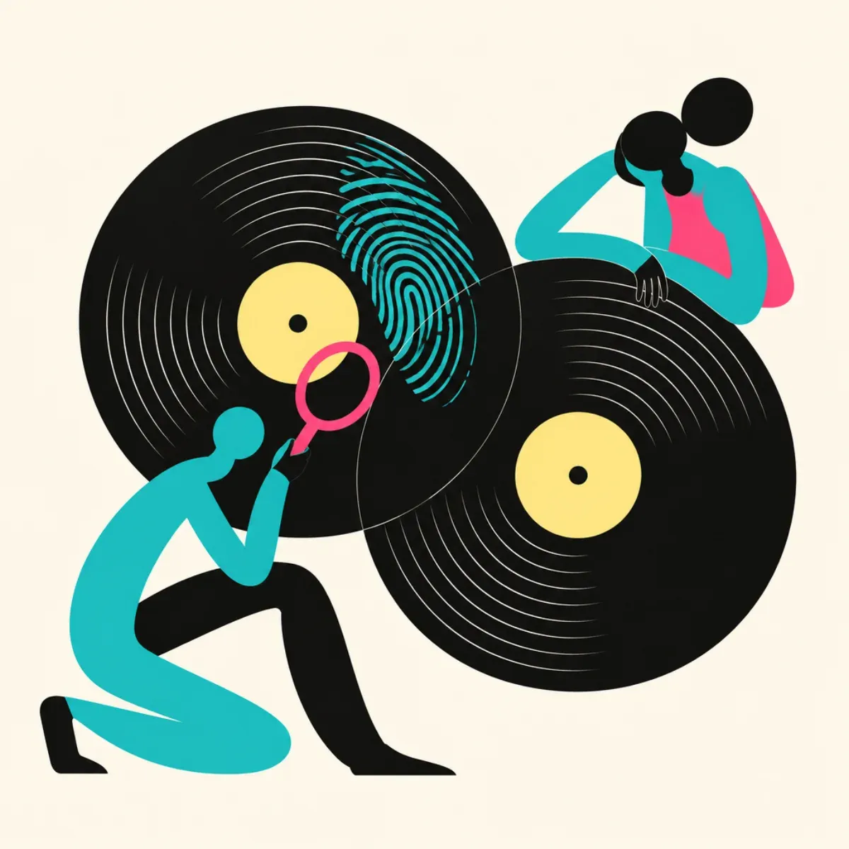 クリーム色の背景に、重なる二枚のレコードと、片方の音の溝に重ねた青い指紋模様を描いた抽象的な平面イラスト