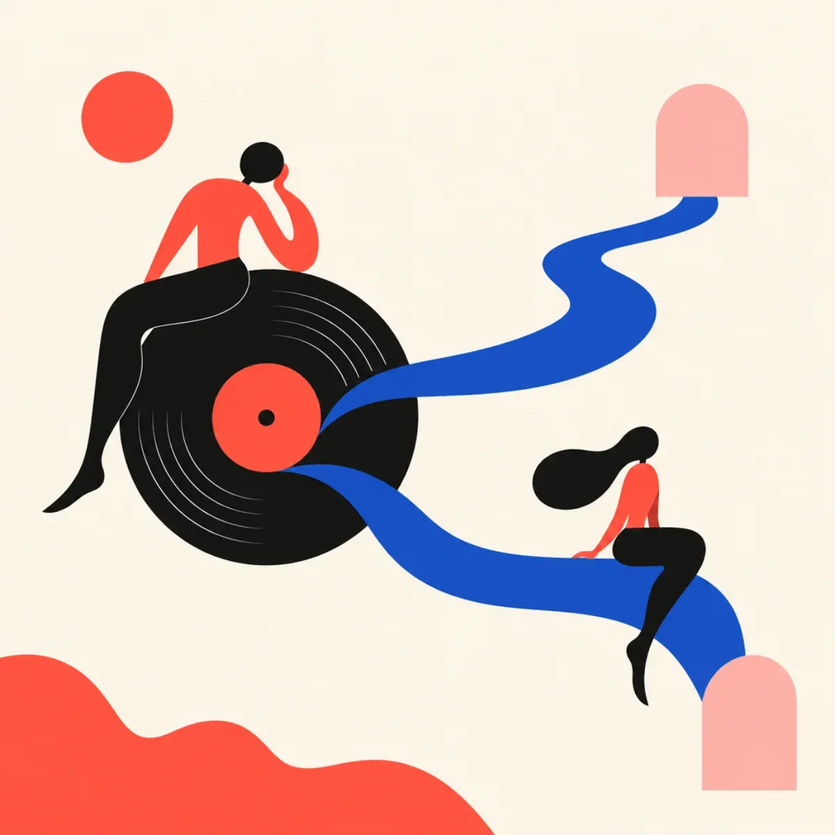 クリーム色の背景に、黒いレコードと、長さの異なる二本の青い帯を配した、音楽企業の資金調達を象徴する抽象イラスト。