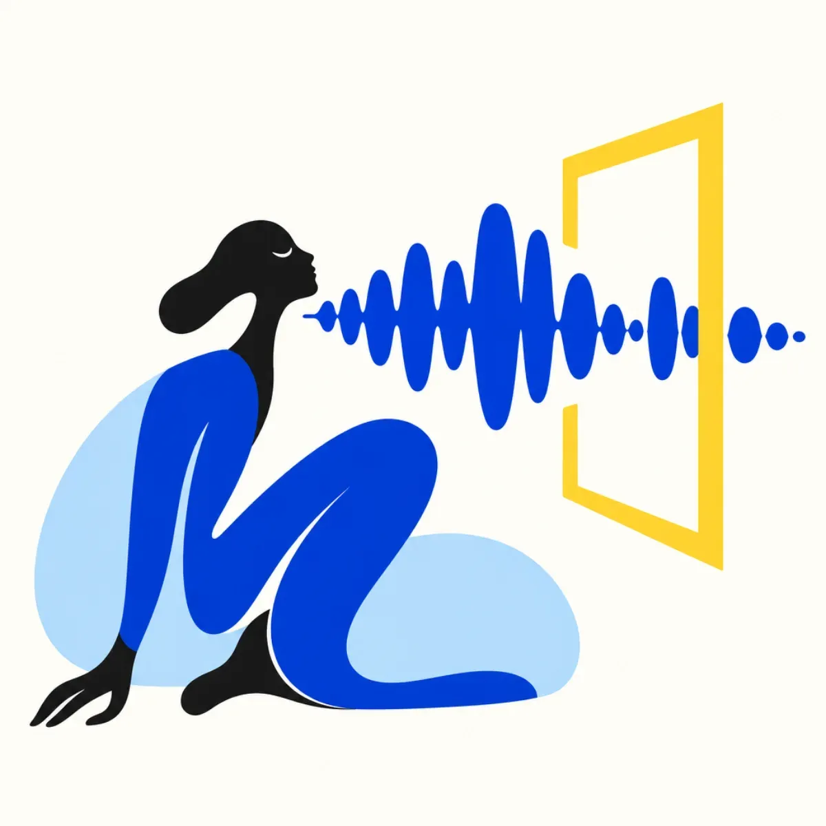 クリーム色の背景に、コバルトブルーの音声波形と、それを部分的に囲むコーラル色の枠を配した抽象イラスト。