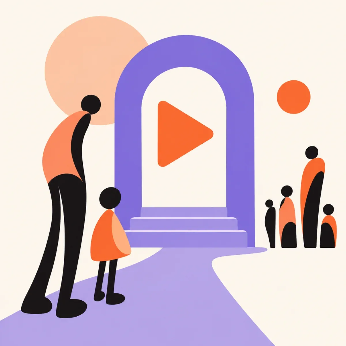 クリーム色の背景に、動画の再生ボタンを囲む青い門と、その手前に置かれた大小の円を描いた抽象的な平面イラスト。